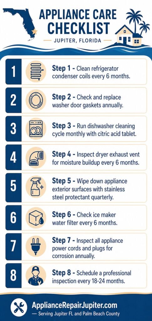 Step-by-step appliance salt air prevention checklist infographic for Palm Beach County homeowners with eight maintenance steps.