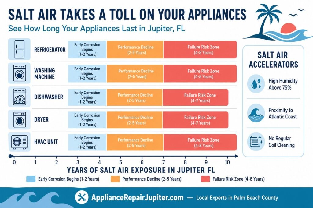 Infographic showing salt air appliance damage timeline for Jupiter FL coastal homes with corrosion phases by appliance type.