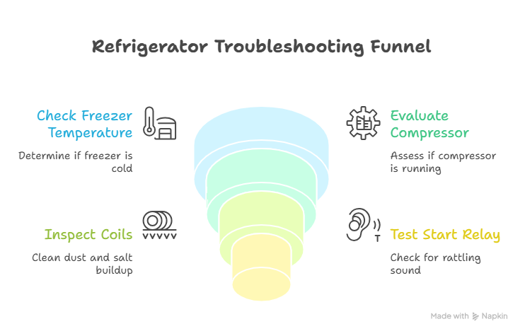 Refrigerator not cooling troubleshooting flowchart