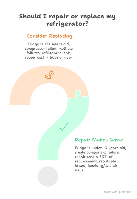 Refrigerator repair vs replacement decision infographic