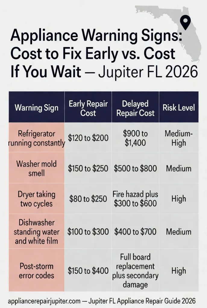 Infographic comparing early versus delayed appliance repair costs