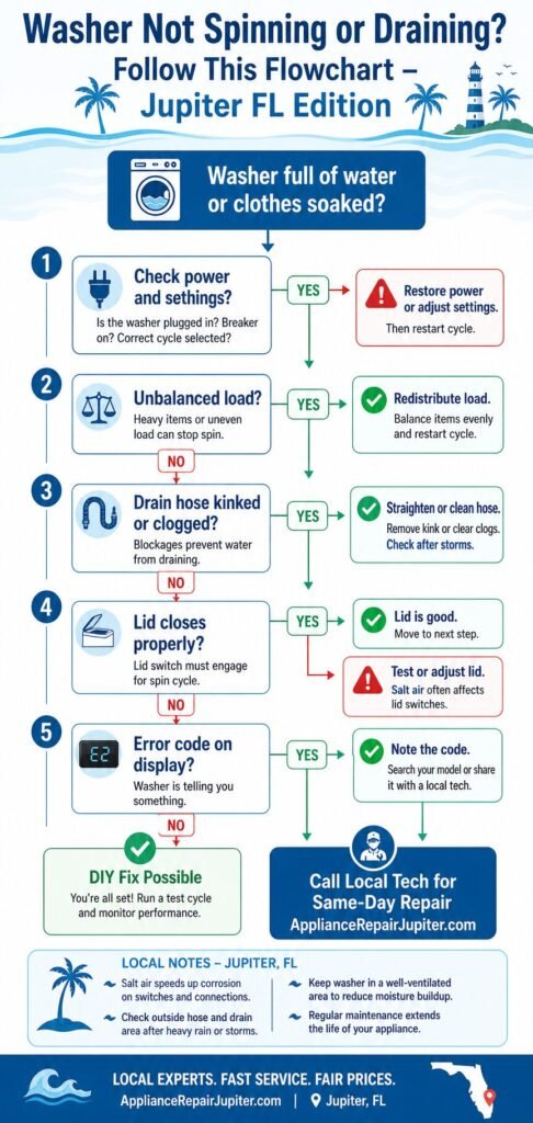 Step-by-step troubleshooting flowchart for washer not spinning or draining issues