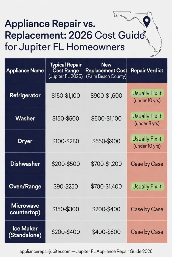 Infographic comparing appliance repair versus replacement costs for Jupiter FL coastal homes