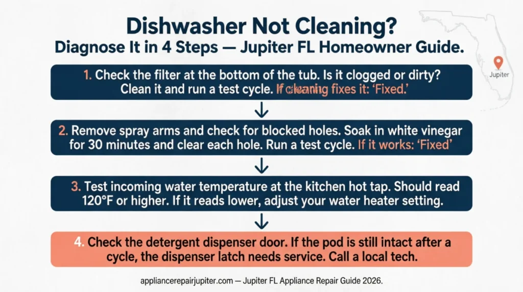 four diagnostic steps for a dishwasher not cleaning properly in Jupiter FL