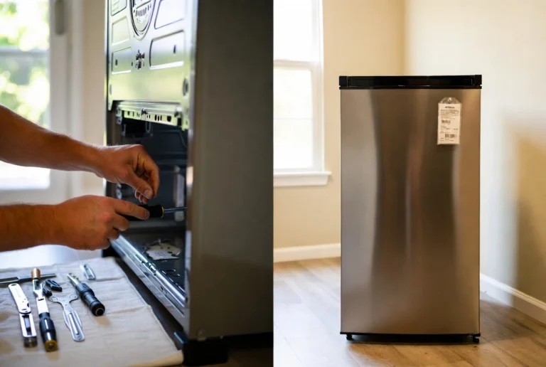 Appliance repair technician working on a refrigerator panel next to a new replacement unit
