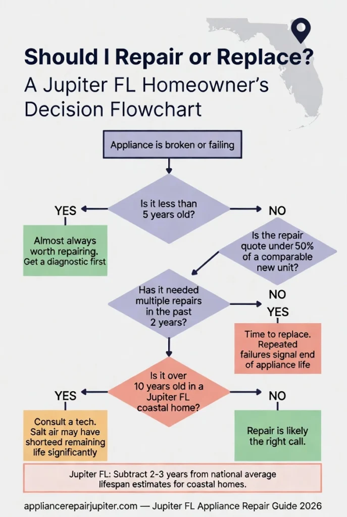 Decision flowchart for appliance repair versus replacement in Jupiter FL