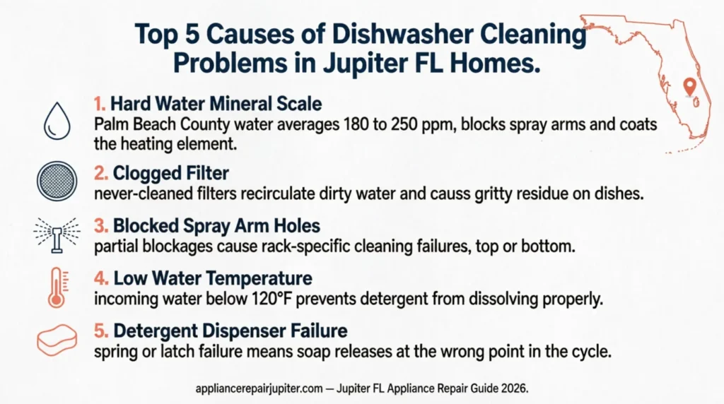 Infographic ranking top 5 dishwasher cleaning problems in Jupiter FL homes